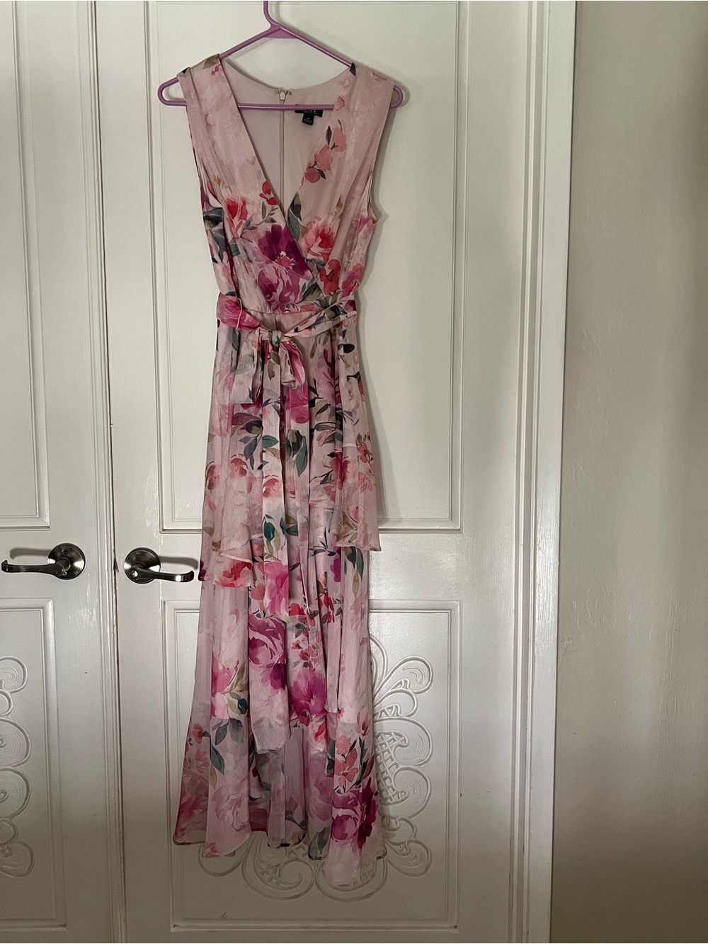 SLNY Pink Floral Wrap High-Low Maxi Dress